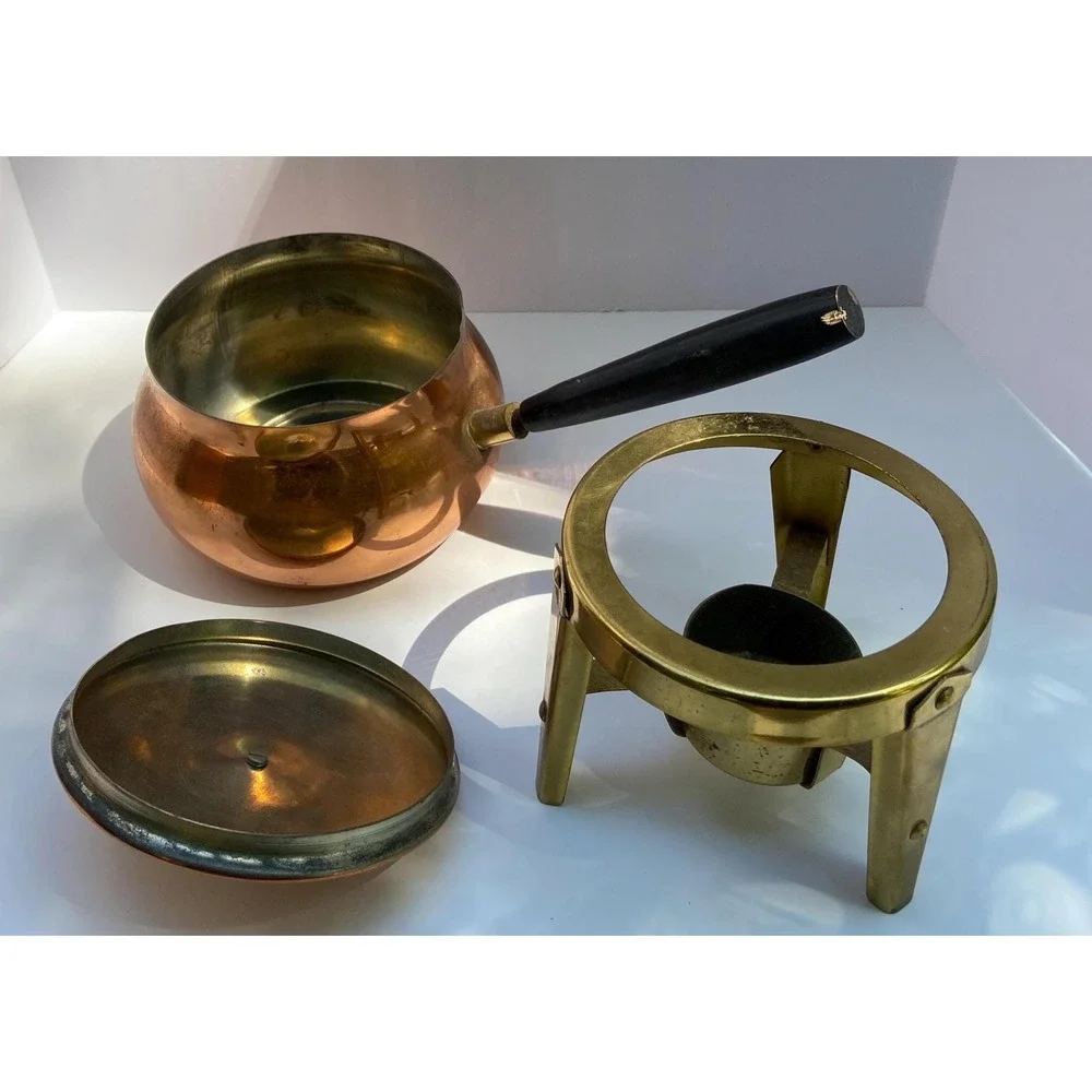 Copper & Brass Vintage Fondue Boiler Pot With Stand & Candle Holder